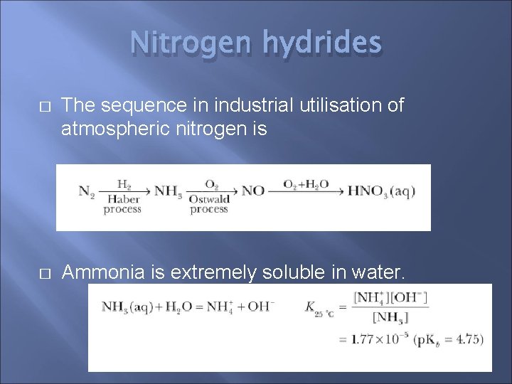 Nitrogen hydrides � The sequence in industrial utilisation of atmospheric nitrogen is � Ammonia