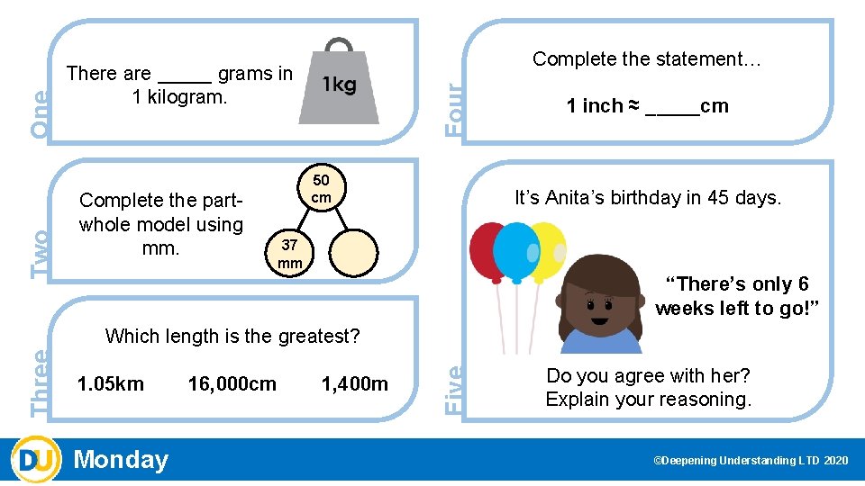 There are _____ grams in 1 kilogram. Complete the partwhole model using mm. Four