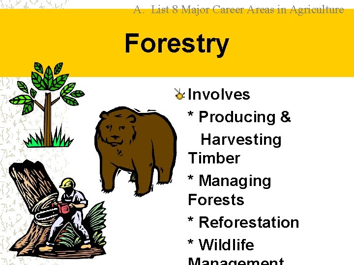 A. List 8 Major Career Areas in Agriculture Forestry Involves * Producing & Harvesting