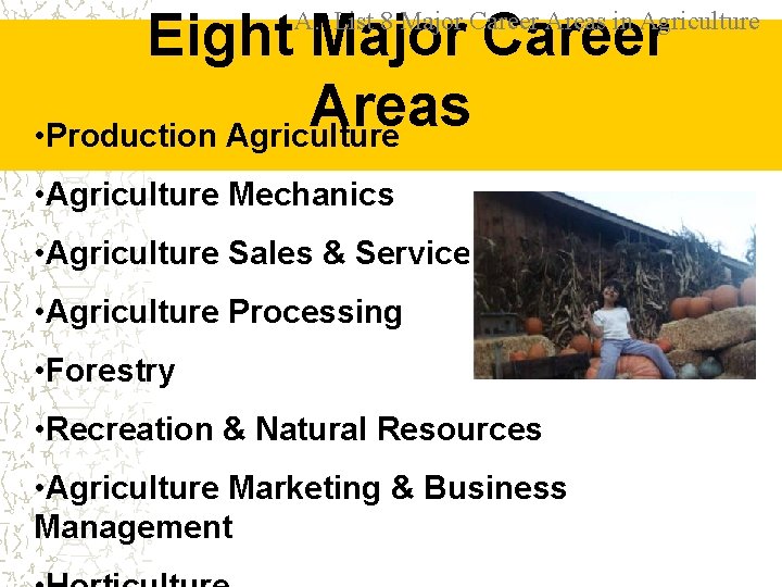 Eight Major Career Areas • Production Agriculture A. List 8 Major Career Areas in