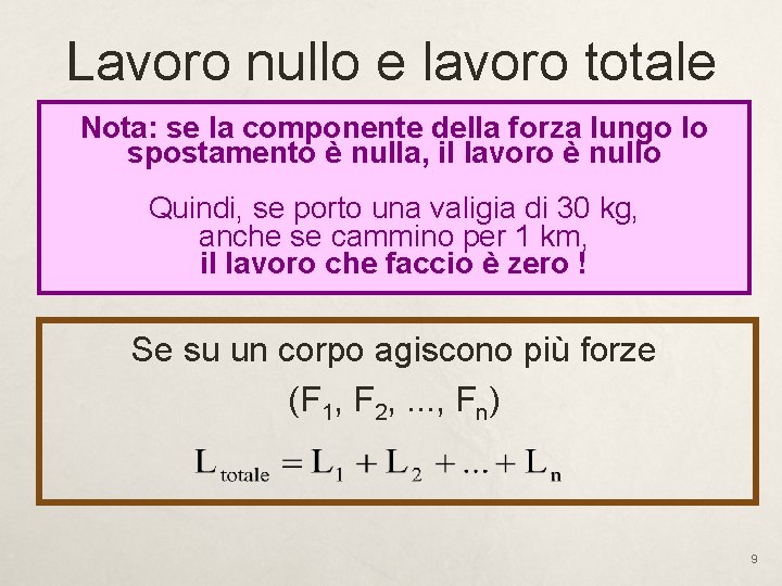 Lavoro nullo e lavoro totale Nota: se la componente della forza lungo lo spostamento