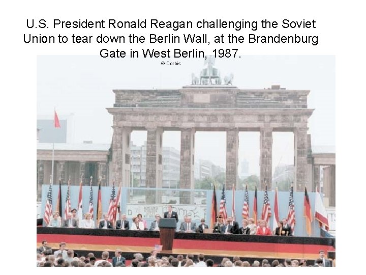 U. S. President Ronald Reagan challenging the Soviet Union to tear down the Berlin