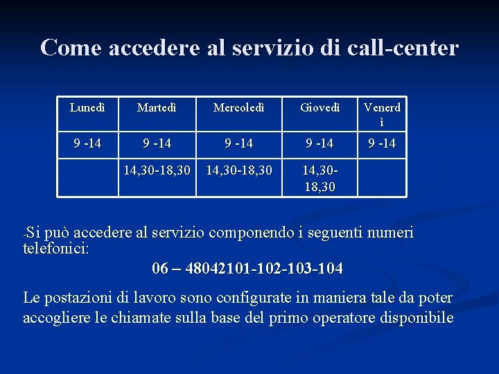 Come accedere al servizio di call-center Lunedì Martedì Mercoledì Giovedì Venerd ì 9 -14