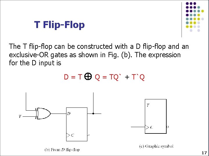 T Flip-Flop The T flip-flop can be constructed with a D flip-flop and an