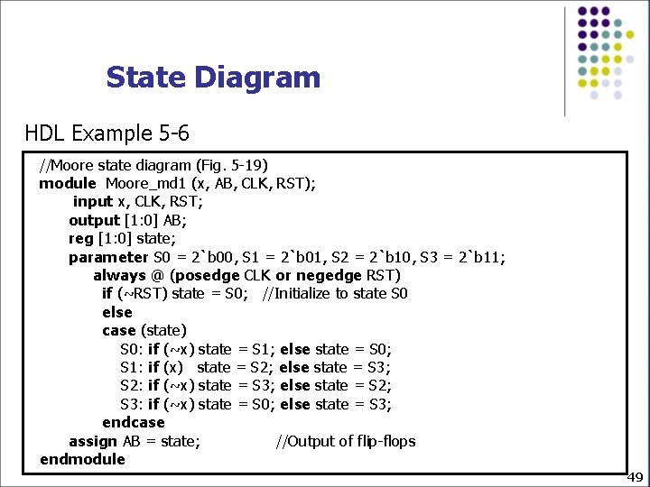 State Diagram HDL Example 5 -6 //Moore state diagram (Fig. 5 -19) module Moore_md