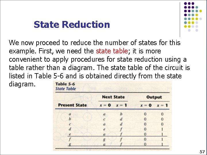 State Reduction We now proceed to reduce the number of states for this example.