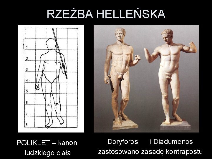 RZEŹBA HELLEŃSKA POLIKLET – kanon ludzkiego ciała Doryforos i Diadumenos zastosowano zasadę kontrapostu RZEŹBA HELLEŃSKA POLIKLET – kanon ludzkiego ciała Doryforos i Diadumenos zastosowano zasadę kontrapostu