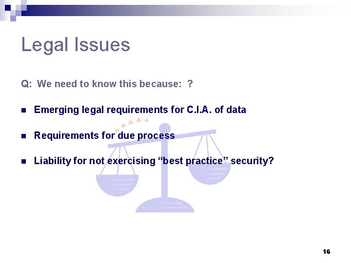 Legal Issues Q: We need to know this because: ? n Emerging legal requirements