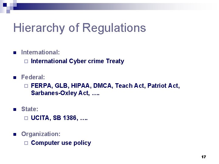 Hierarchy of Regulations n International: ¨ International Cyber crime Treaty n Federal: ¨ FERPA,