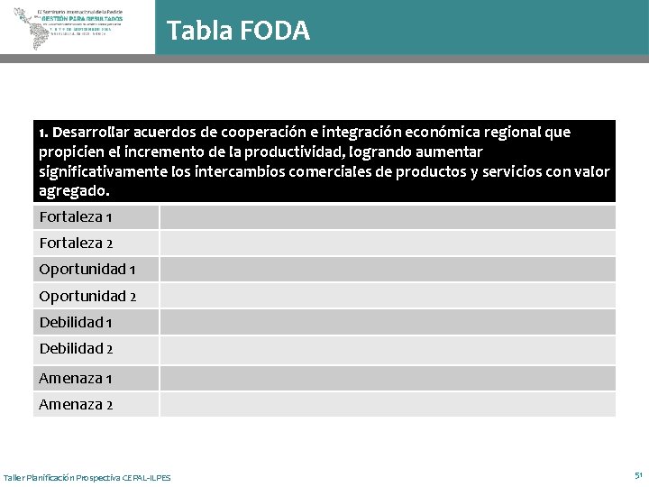Tabla FODA 1. Desarrollar acuerdos de cooperación e integración económica regional que propicien el