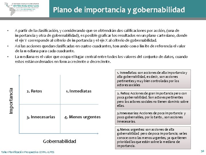 Plano de importancia y gobernabilidad • • • A partir de la clasificación, y
