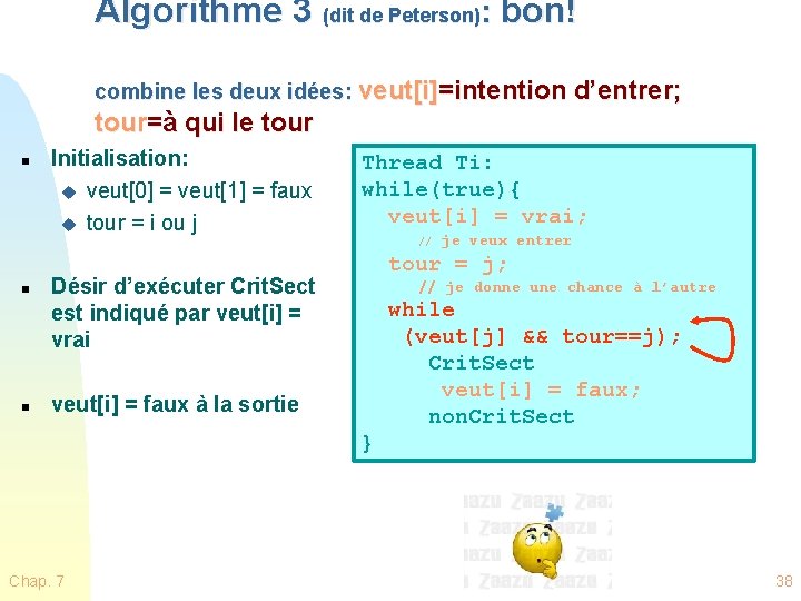 Algorithme 3 (dit de Peterson): bon! combine les deux idées: veut[i]=intention d’entrer; tour=à qui