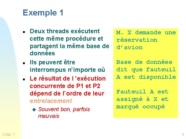 Exemple 1 n n n Deux threads exécutent cette même procédure et partagent la