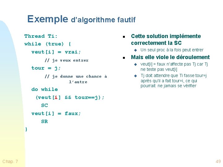 Exemple d’algorithme fautif Thread Ti: while (true) { veut[i] = vrai; // je veux