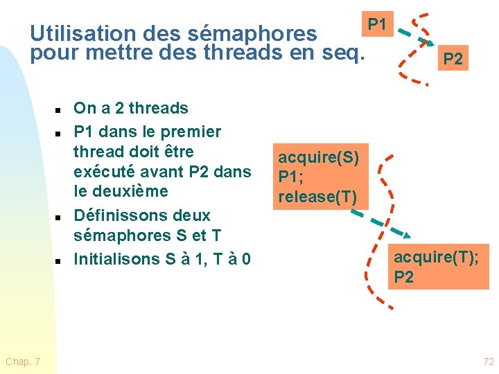 Utilisation des sémaphores pour mettre des threads en seq. n n Chap. 7 On