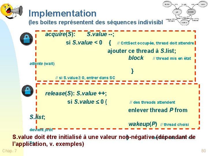 Implementation (les boîtes représentent des séquences indivisibles) acquire(S): S. value --; si S. value