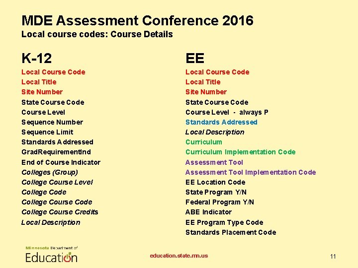 MDE Assessment Conference 2016 Local course codes: Course Details K-12 EE Local Course Code