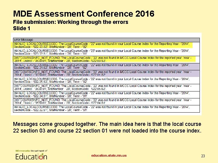 MDE Assessment Conference 2016 File submission: Working through the errors Slide 1 Messages come