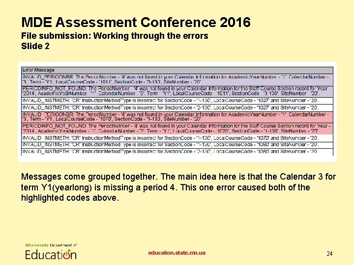 MDE Assessment Conference 2016 File submission: Working through the errors Slide 2 Messages come