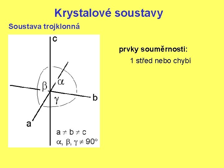 Krystalové soustavy Soustava trojklonná prvky souměrnosti: 1 střed nebo chybí 