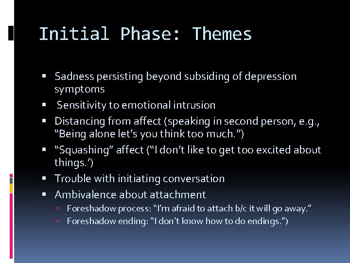 Initial Phase: Themes Sadness persisting beyond subsiding of depression symptoms Sensitivity to emotional intrusion