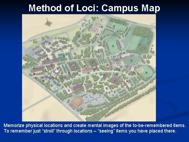 Method of Loci: Campus Map Memorize physical locations and create mental images of the