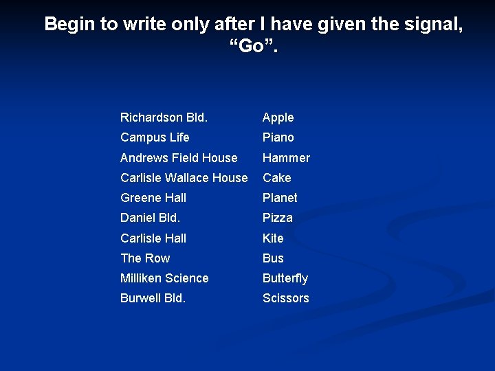 Begin to write only after I have given the signal, “Go”. Richardson Bld. Apple