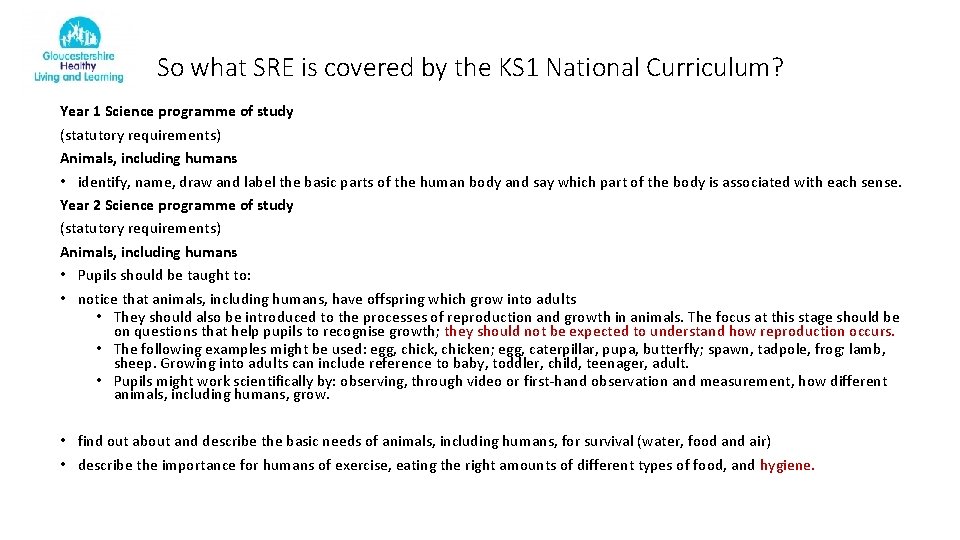 So what SRE is covered by the KS 1 National Curriculum? Year 1 Science