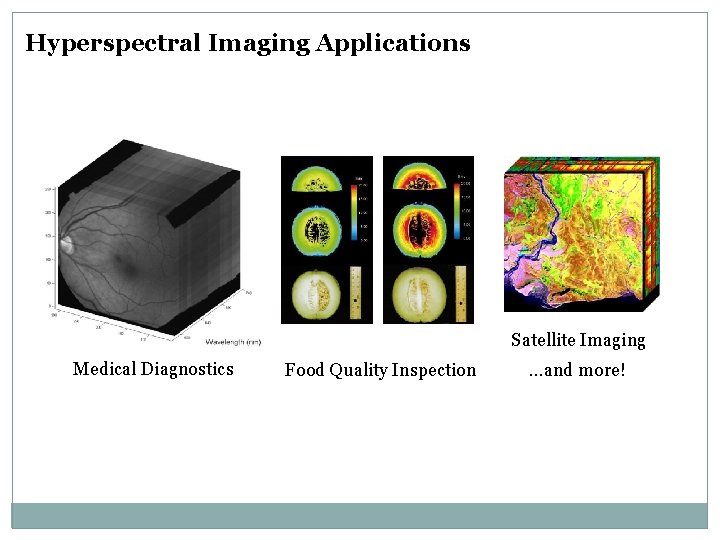 Hyperspectral Imaging Applications Satellite Imaging Medical Diagnostics Food Quality Inspection …and more! Hyperspectral Imaging Applications Satellite Imaging Medical Diagnostics Food Quality Inspection …and more!