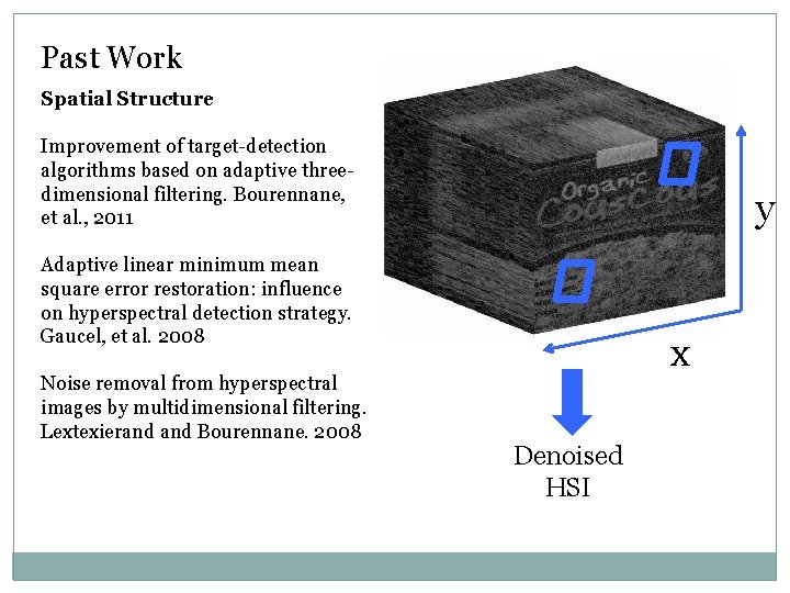 Past Work Spatial Structure Improvement of target-detection algorithms based on adaptive threedimensional filtering. Bourennane, Past Work Spatial Structure Improvement of target-detection algorithms based on adaptive threedimensional filtering. Bourennane,