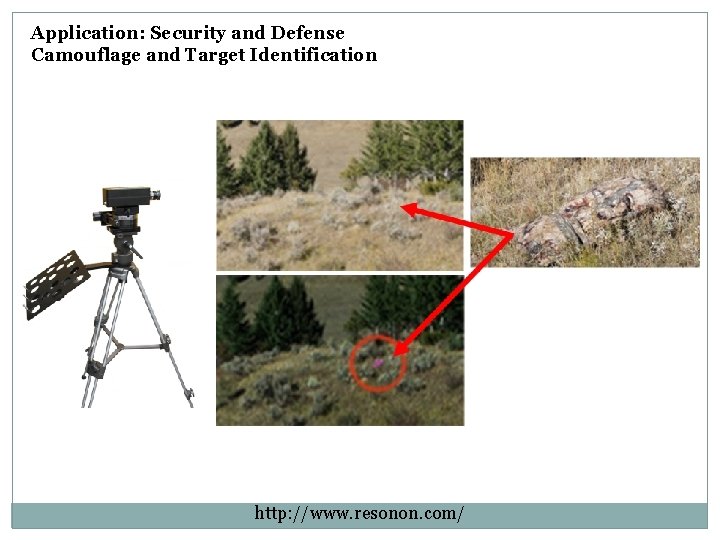Application: Security and Defense Camouflage and Target Identification http: //www. resonon. com/ Application: Security and Defense Camouflage and Target Identification http: //www. resonon. com/
