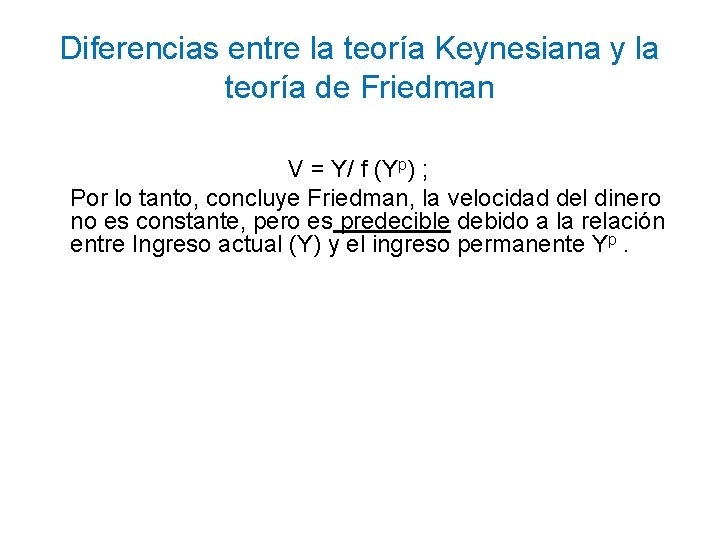 Diferencias entre la teoría Keynesiana y la teoría de Friedman V = Y/ f