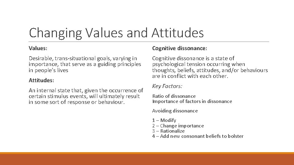 Changing Values and Attitudes Values: Cognitive dissonance: Desirable, trans-situational goals, varying in importance, that