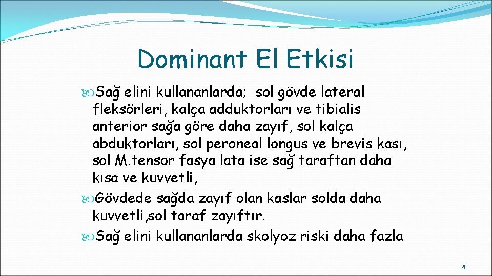 Dominant El Etkisi Sağ elini kullananlarda; sol gövde lateral fleksörleri, kalça adduktorları ve tibialis