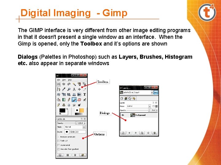 Digital Imaging - Gimp The GIMP interface is very different from other image editing