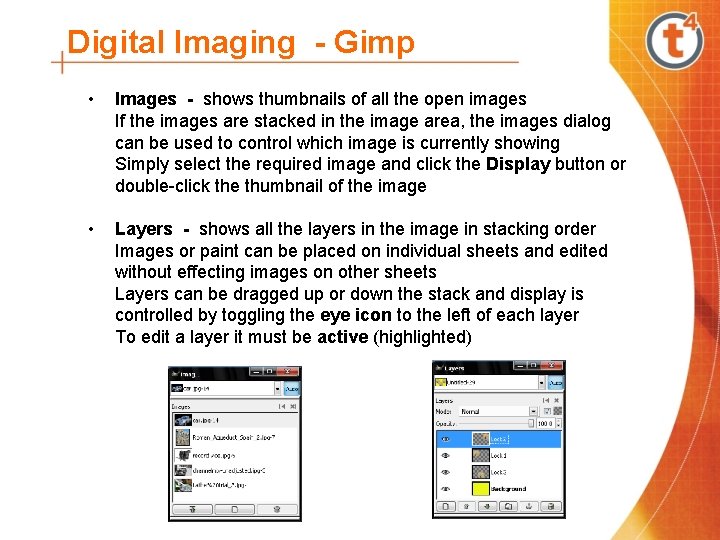 Digital Imaging - Gimp • Images - shows thumbnails of all the open images