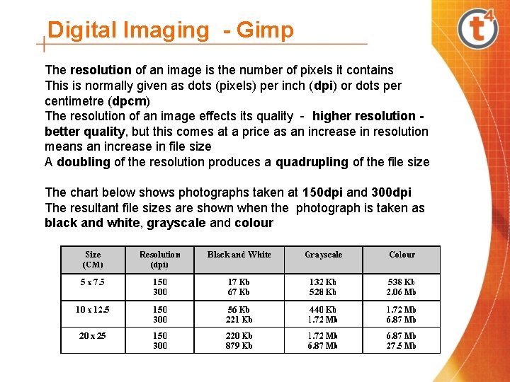 Digital Imaging - Gimp The resolution of an image is the number of pixels