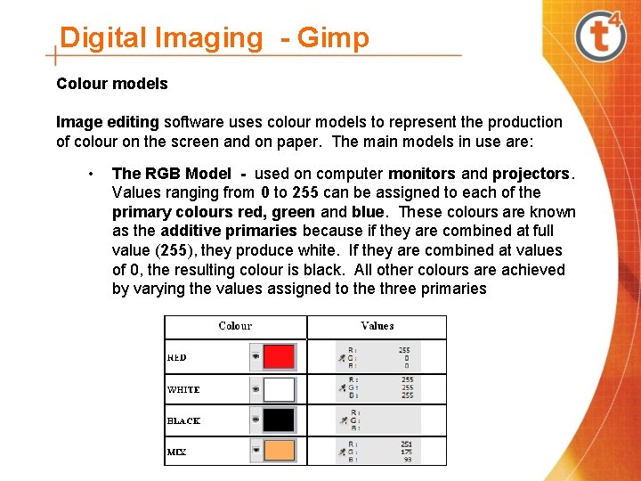 Digital Imaging - Gimp Colour models Image editing software uses colour models to represent