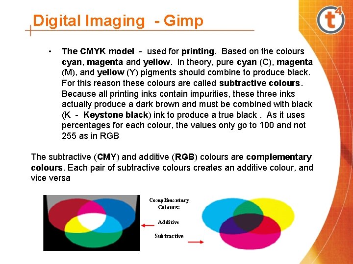 Digital Imaging - Gimp • The CMYK model - used for printing. Based on