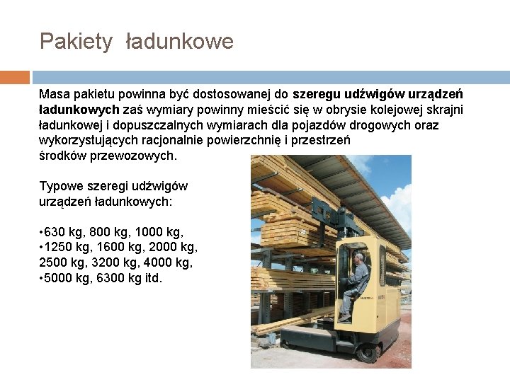 Pakiety ładunkowe Masa pakietu powinna być dostosowanej do szeregu udźwigów urządzeń ładunkowych zaś wymiary