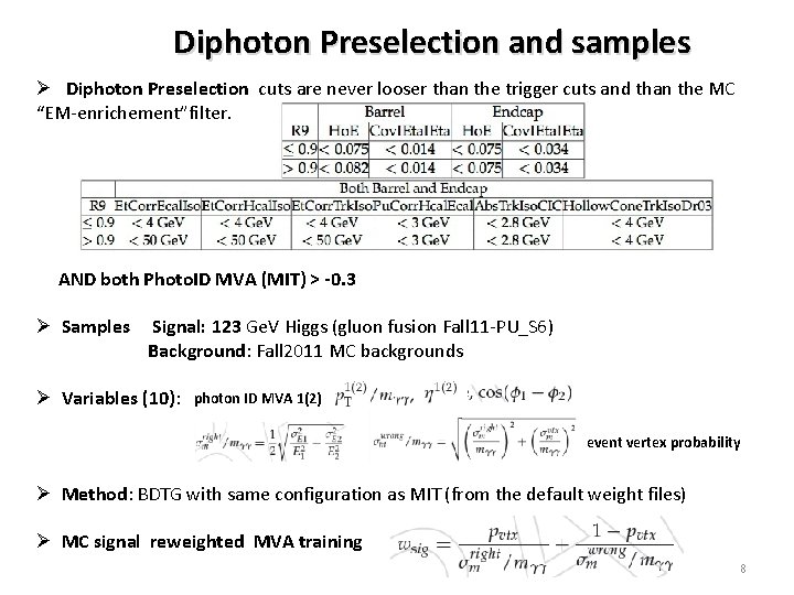 Diphoton Preselection and samples Ø Diphoton Preselection cuts are never looser than the trigger