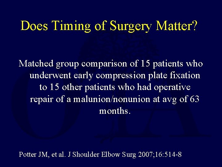 Does Timing of Surgery Matter? Matched group comparison of 15 patients who underwent early