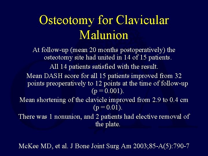 Osteotomy for Clavicular Malunion At follow-up (mean 20 months postoperatively) the osteotomy site had