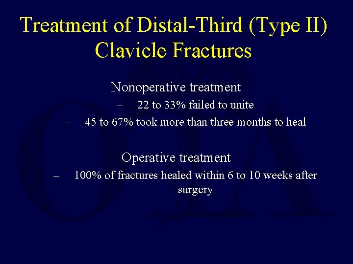 Treatment of Distal-Third (Type II) Clavicle Fractures Nonoperative treatment – – 22 to 33%