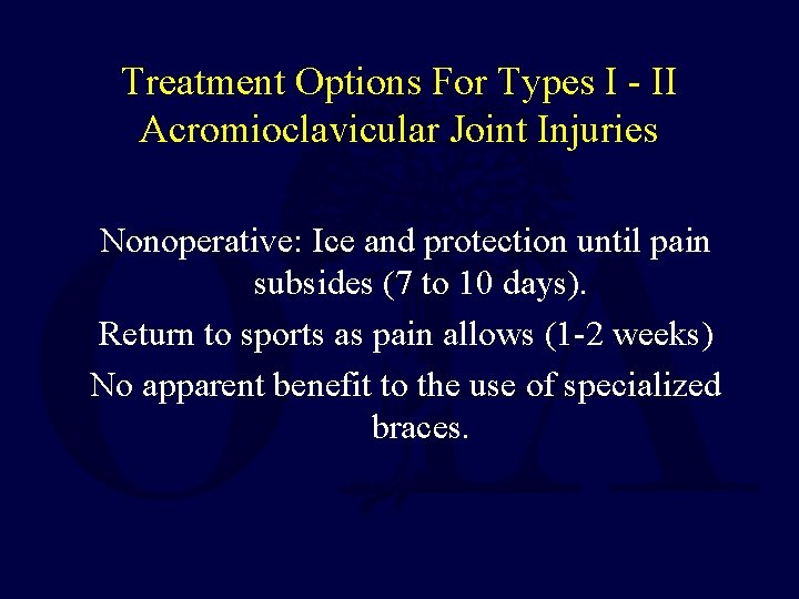 Treatment Options For Types I - II Acromioclavicular Joint Injuries Nonoperative: Ice and protection