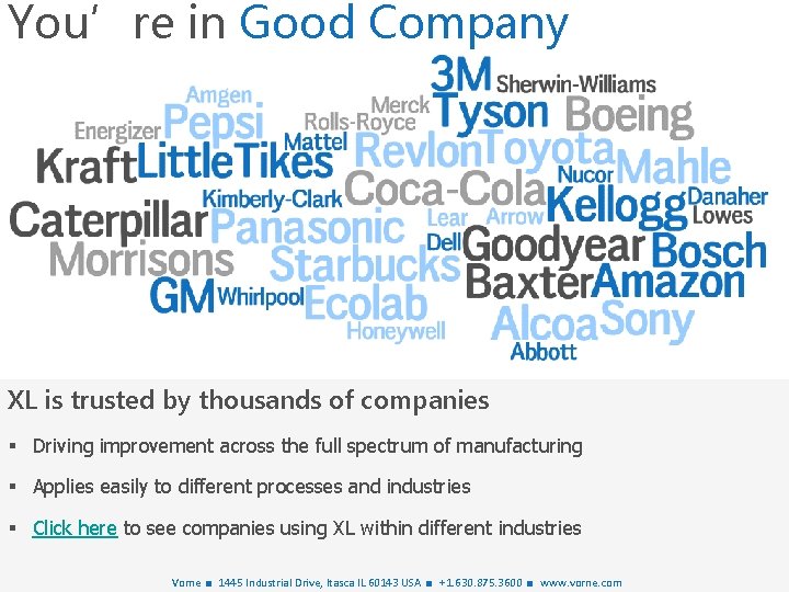 You’re in Good Company XL is trusted by thousands of companies § Driving improvement