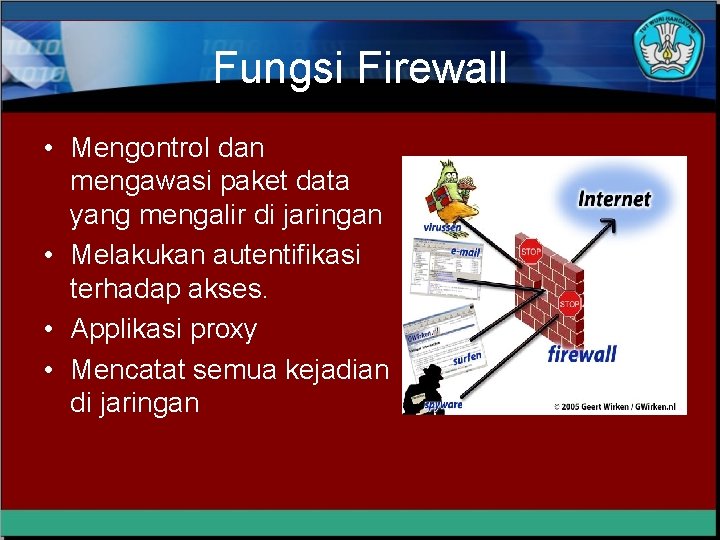 Fungsi Firewall • Mengontrol dan mengawasi paket data yang mengalir di jaringan • Melakukan