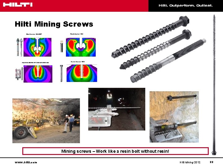 Hilti Mining Screws Mining screws – Work like a resin bolt without resin! www.