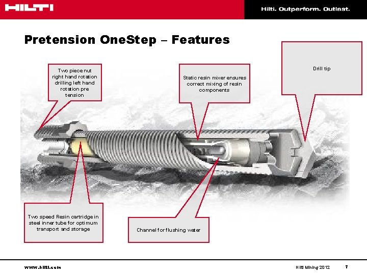 Pretension One. Step – Features Two piece nut right hand rotation drilling left hand