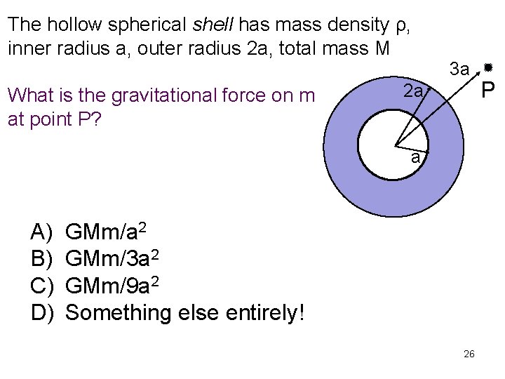 The hollow spherical shell has mass density ρ, inner radius a, outer radius 2